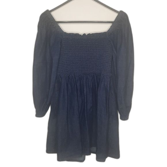 J. Crew Smocked Puff Sleeve Chambray Dress Birch Wash Size Medium - Picture 4 of 10
